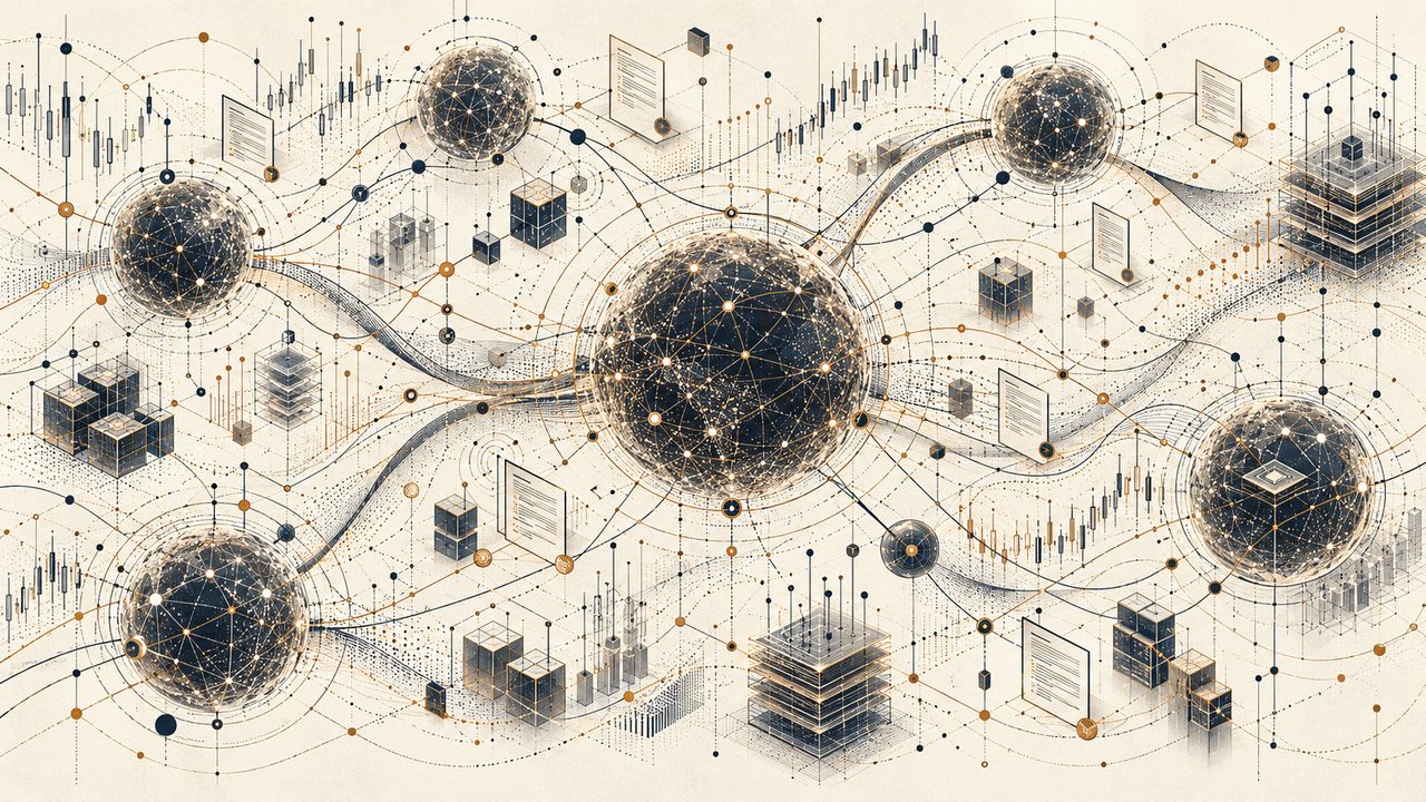 Conceptual illustration: several dark network spheres linked by flowing lines across an ivory ground, with documents, stacked layers and cubes between them, suggesting interacting agents, delegated authority and economic infrastructure.