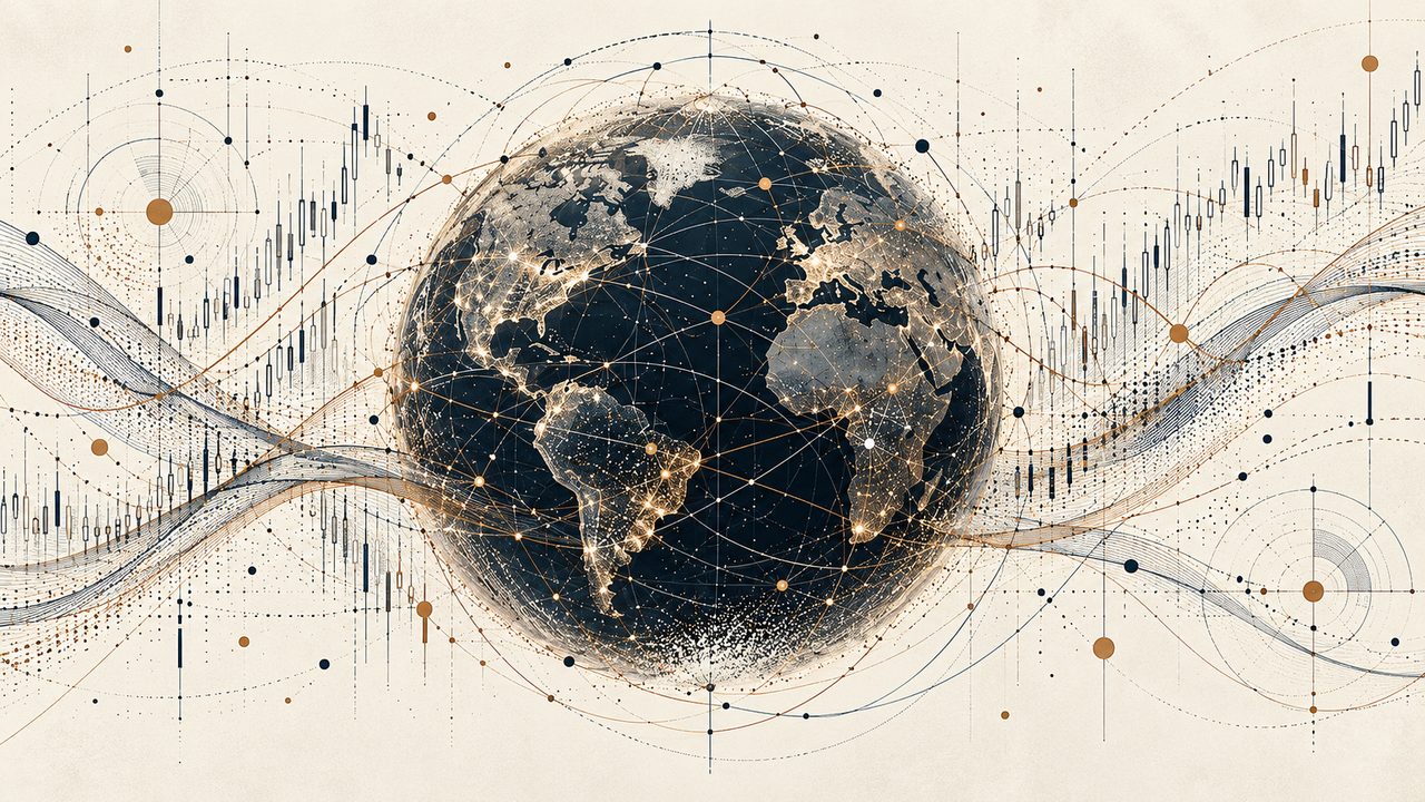 Conceptual illustration: a dark globe wrapped in fine network lines with copper and white nodes, and candlestick-chart waves flowing across an ivory ground, suggesting interconnected markets of autonomous actors.